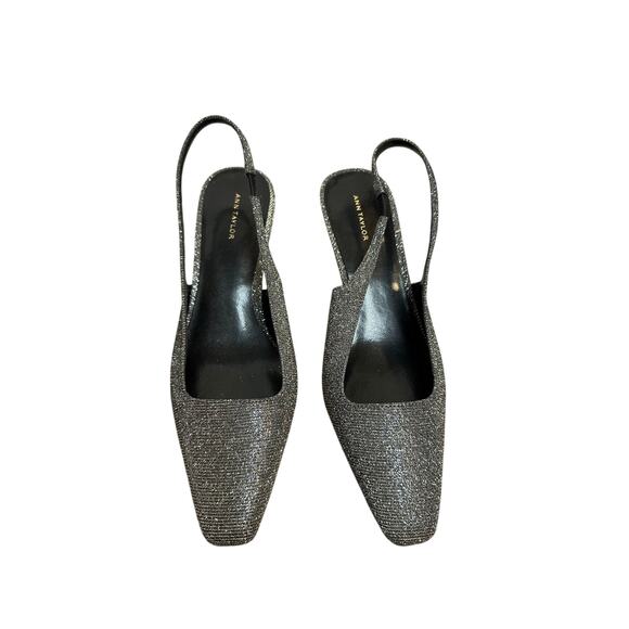 Ann Taylor Kitten Heels Shimmer Square Toe Slingback Pumps Silver Sparkle 8 - Picture 2 of 12
